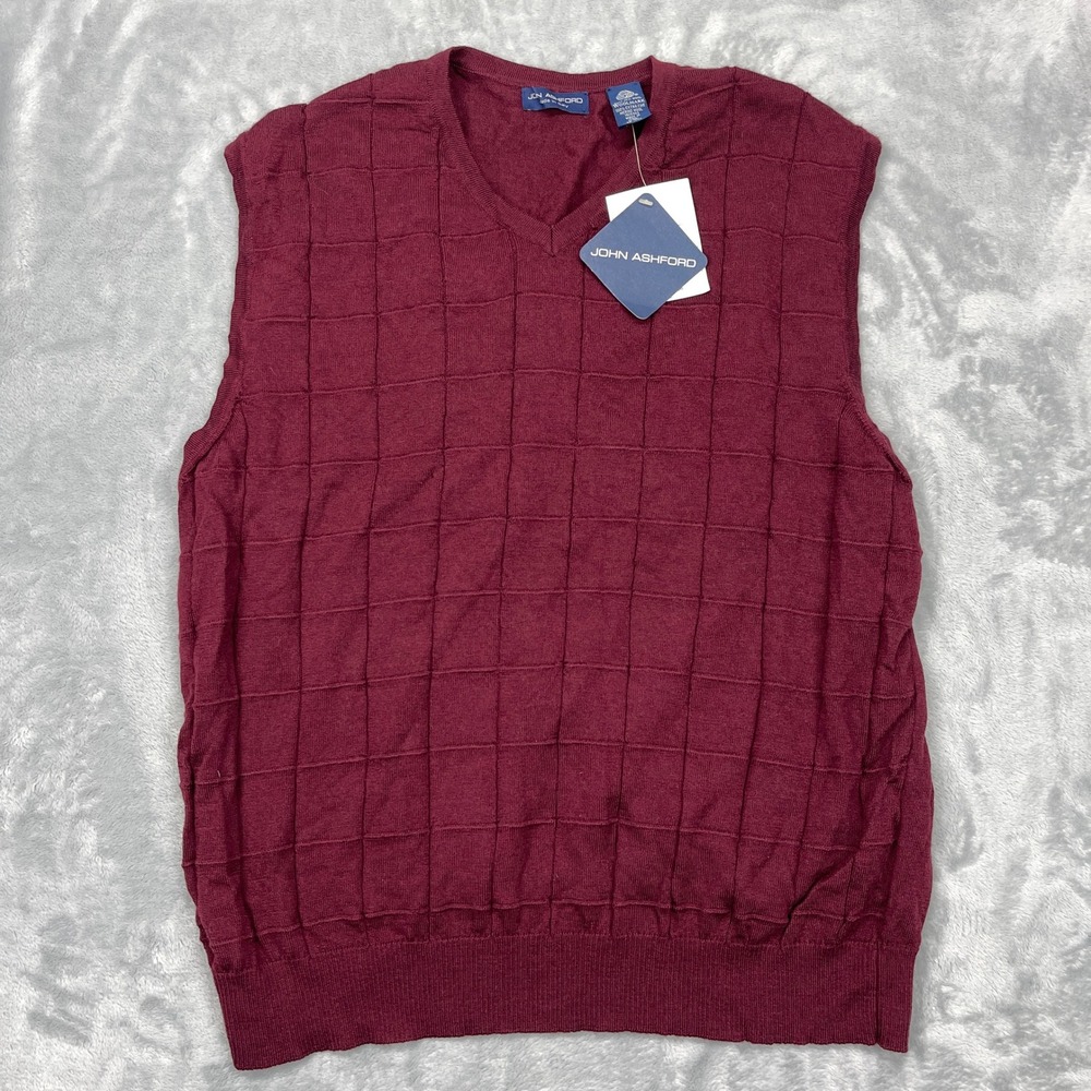 John Ashford Sweater Vest Mens Burgundy 2XL Merino Wool Knit Sleeveless V-Neck